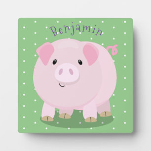 Cute pink pot bellied pig cartoon illustration plaque