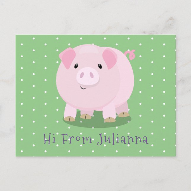 Cute pink pot bellied pig cartoon illustration postcard (Front)