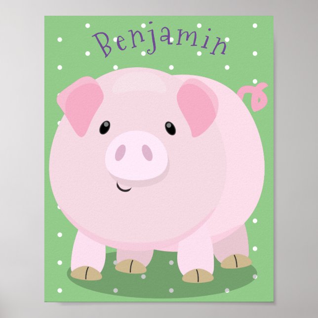 Cute pink pot bellied pig cartoon illustration poster (Front)