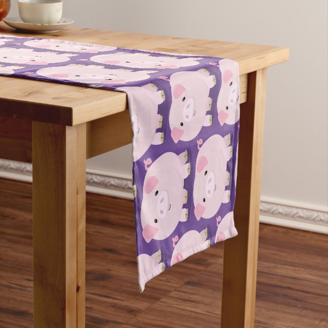 Cute pink pot bellied pig cartoon illustration short table runner (In Situ)