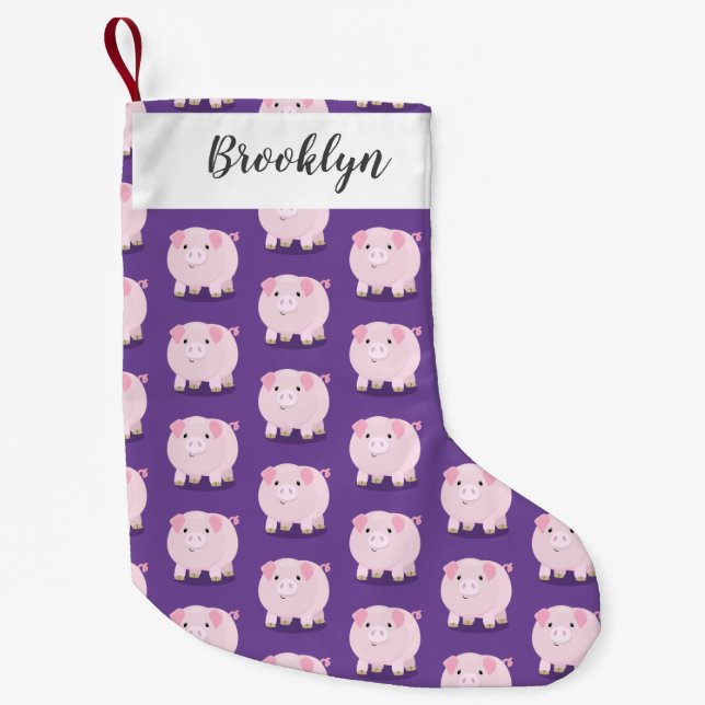 Cute pink pot bellied pig cartoon illustration small christmas stocking (Front)