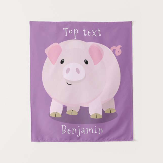 Cute pink pot bellied pig cartoon illustration  tapestry (Front)
