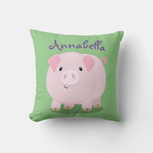 Cute pink pot bellied pig cartoon illustration throw pillow