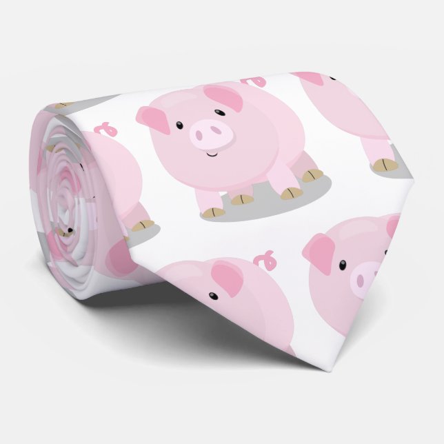 Cute pink pot bellied pig cartoon illustration tie (Rolled)