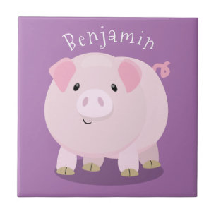 Cute pink pot bellied pig cartoon illustration tile