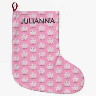 Cute pink pot bellied pig cartoon personalized large christmas stocking