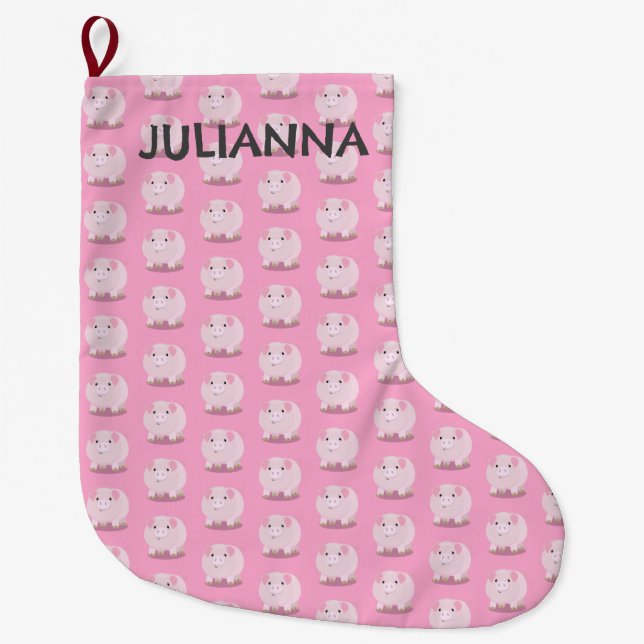 Cute pink pot bellied pig cartoon personalized large christmas stocking (Front)