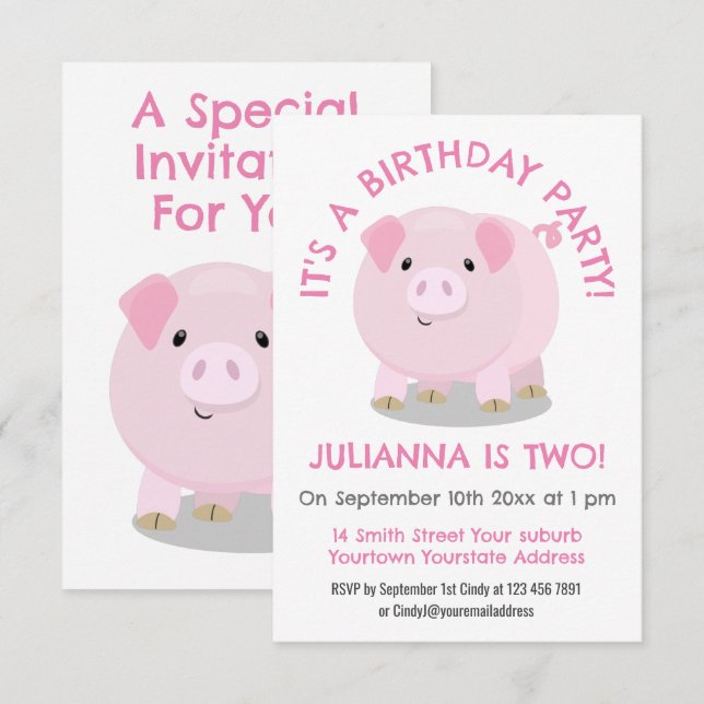 Cute pink pot bellied pig personalized birthday invitation (Front/Back)