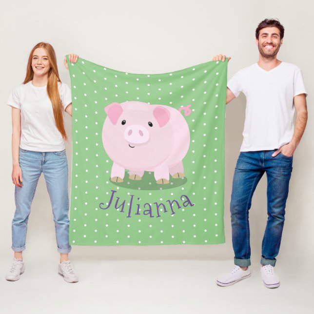 Cute pink potbelly pig cartoon illustration fleece blanket (In Situ)