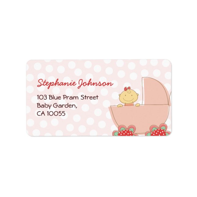Cute Pink Pram Girl Baby Shower Address Labels (Front)
