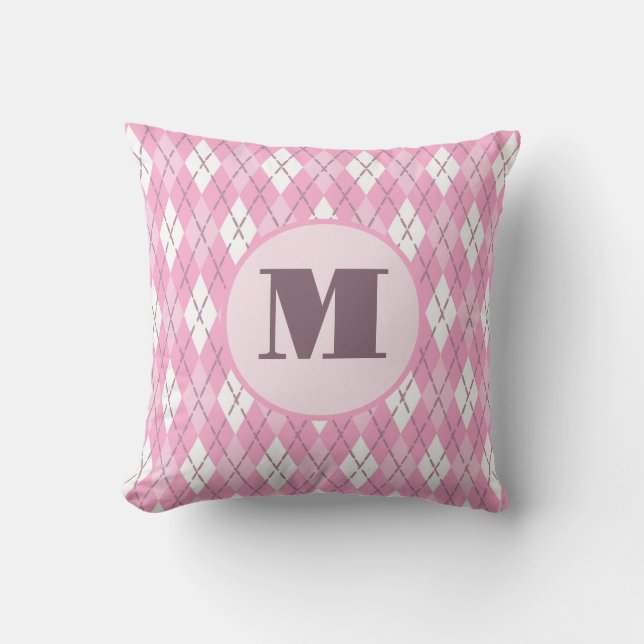 Cute pink preppy argyle custom monogram throw pillow (Front)