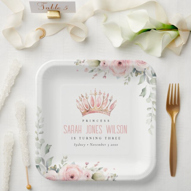 Cute Pink Princess Crown Tiara Floral Birthday Paper Plate (Wedding)