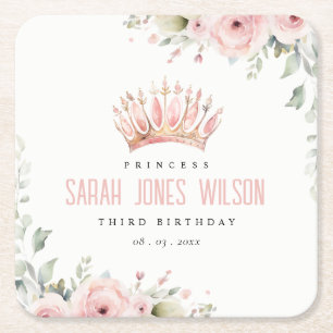 Cute Pink Princess Crown Tiara Floral Birthday Square Paper Coaster