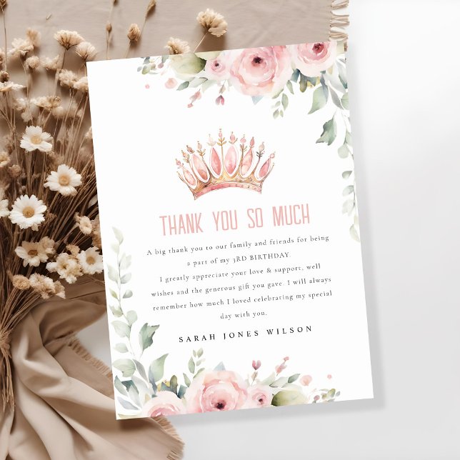 Cute Pink Princess Crown Tiara Floral Birthday Thank You Card (Creator Uploaded)