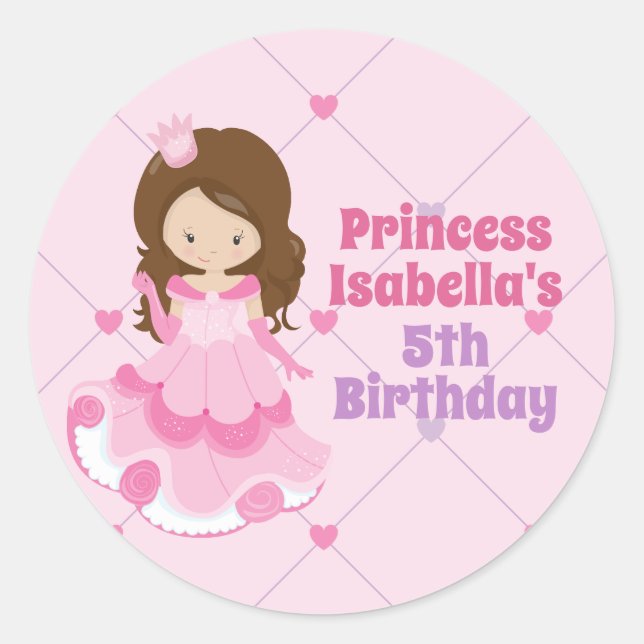Cute Pink Princess Girls Custom Birthday Party Classic Round Sticker (Front)