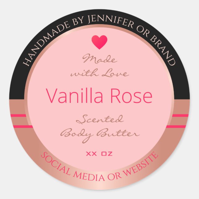 Cute Pink Product Labels Black and Rose Gold Frame (Front)