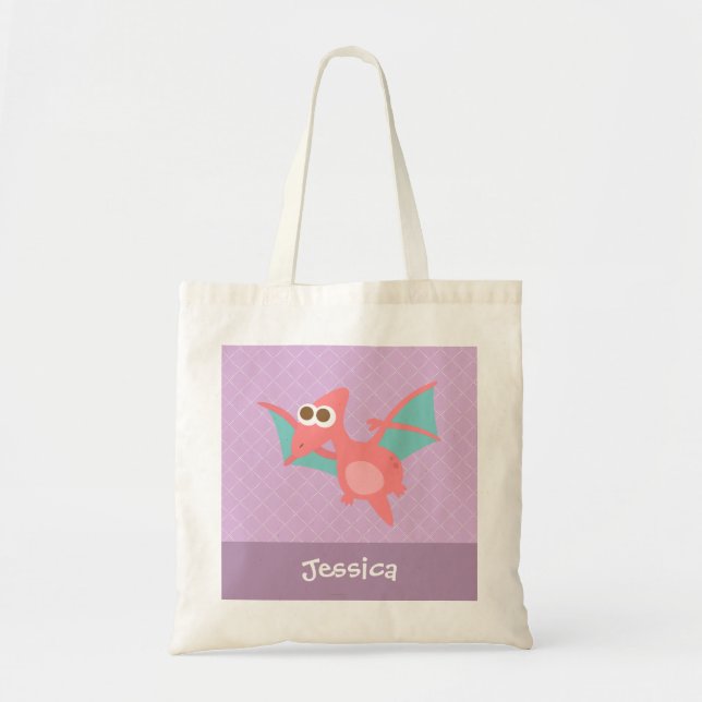 Cute Pink Pterodactyl dinosaur Kids Personalized Tote Bag (Front)