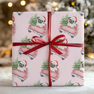 Cute Pink Pug Christmas Gift Wrap Paper