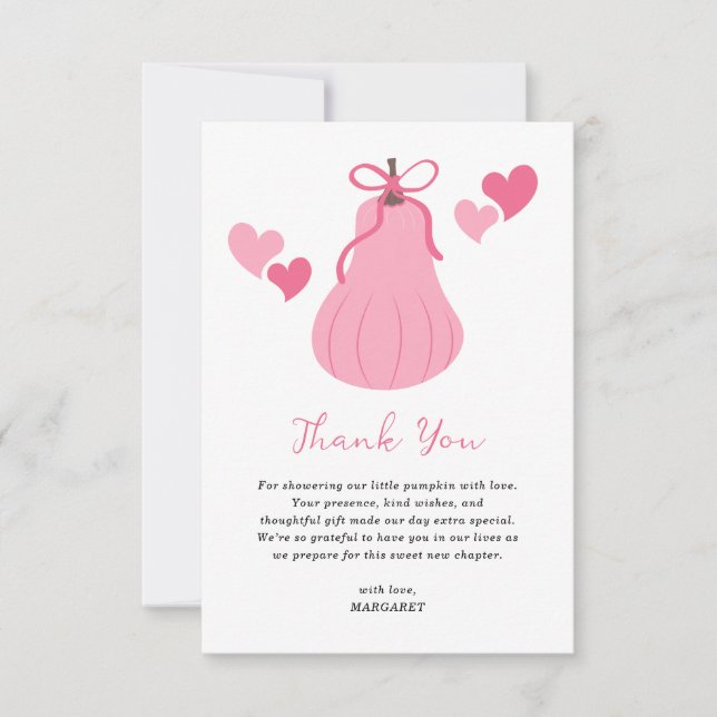 Cute Pink Pumpkin Bow Script Girl Baby Shower Thank You Card (Front)