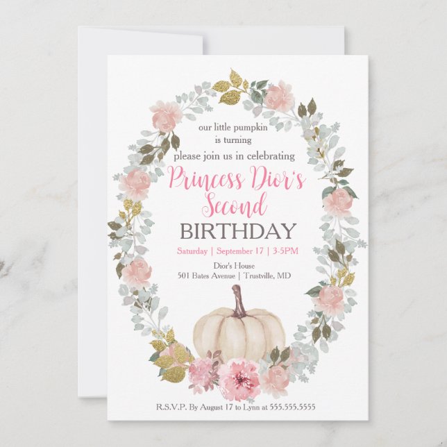 Cute Pink Pumpkin Flower Watercolor 2nd Birthday  Invitation (Front)