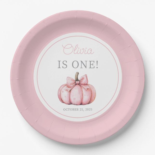 Cute Pink Pumpkin Girl First Birthday Paper Plate (Front)