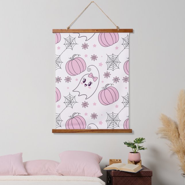 Cute Pink Pumpkin Halloween Pattern Hanging Tapestry (Bedroom)