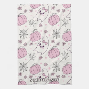 Cute Pink Pumpkin Halloween Pattern Kitchen Towel