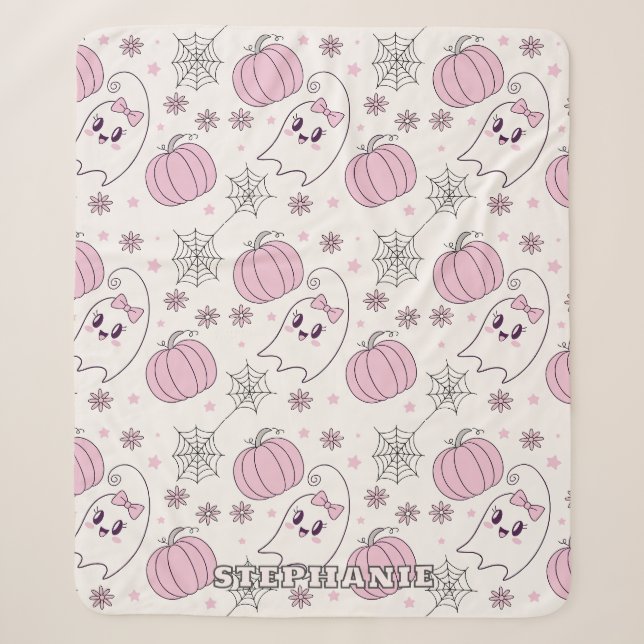 Cute Pink Pumpkin Halloween Pattern Sherpa Blanket (Front)