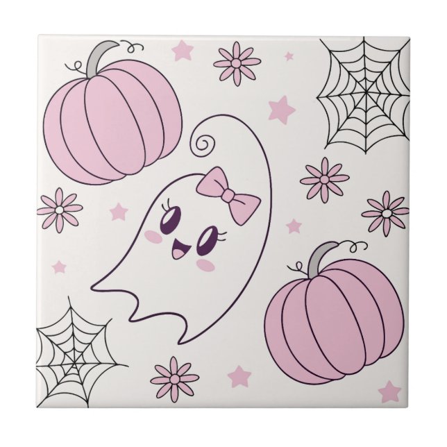 Cute Pink Pumpkin Halloween Pattern Tile (Front)