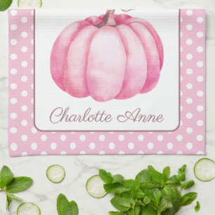 Cute Pink Pumpkin on Polka Dots Personalized Kitchen Towel