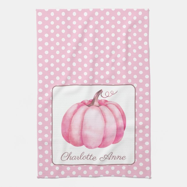 Cute Pink Pumpkin on Polka Dots Personalized Kitchen Towel (Vertical)