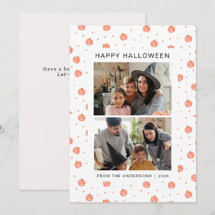 Cute Pink Pumpkin Pattern Family 2 Photo Halloween Holiday Card