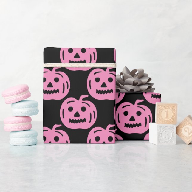 Cute Pink Pumpkin Pattern Halloween Birthday Wrapping Paper (Baby Shower)