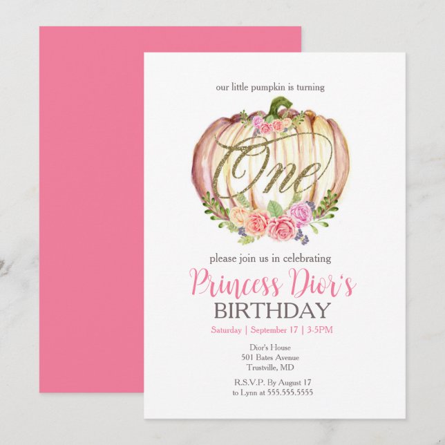 Cute Pink Pumpkin Watercolor First Birthday Invitation (Front/Back)