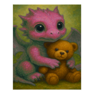 Cute Pink Puppy Eyed Baby Dragon with Teddy Bear Poster