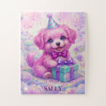 Cute Pink Puppy Personalized Name Jigsaw Puzzle