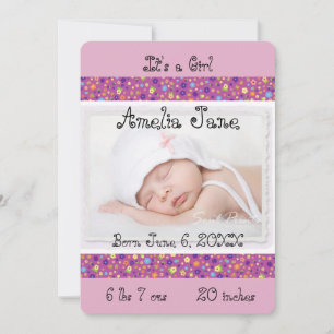 Cute Pink Purple Baby Girl Photo Announcement