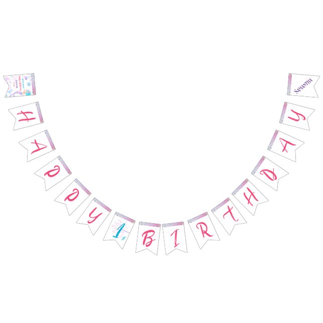 Cute Pink Purple Blue Mermaid Girl Happy Birthday  Bunting Flags (All)