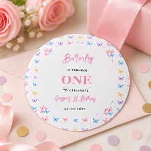 Cute Pink Purple Butterfly 1st Birthday for Girls Classic Round Sticker