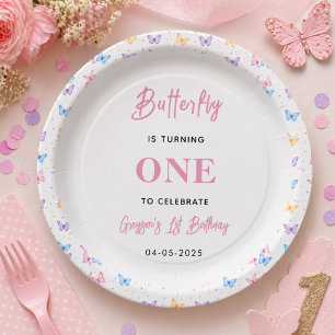 Cute Pink Purple Butterfly 1st Birthday for Girls Paper Plate