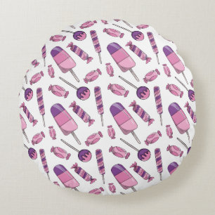Cute Pink & Purple Candy Popsicle Sweet Treats Round Pillow
