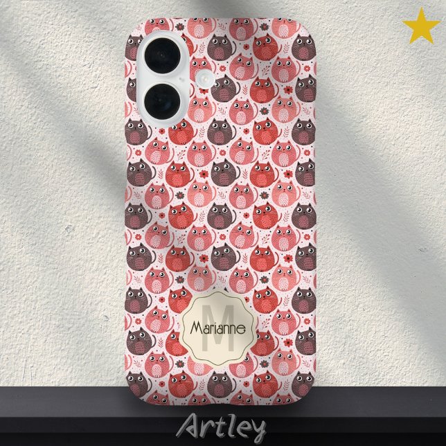 Cute Pink Purple Cat Polka Dots Name Monogram Case-Mate iPhone Case (Creator Uploaded)
