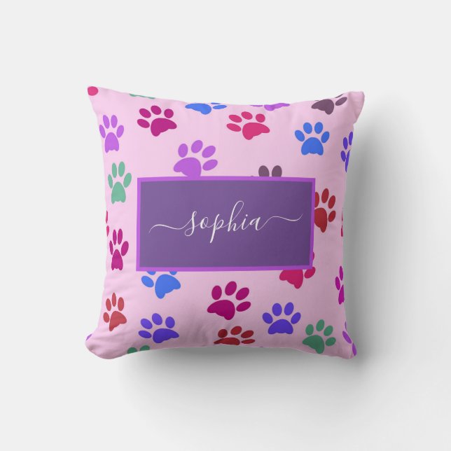 Cute Pink Purple Dog Cat Lovers Paw Prints Name Throw Pillow (Front)