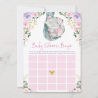 Cute Pink Purple Elephant Bingo Baby Shower Game