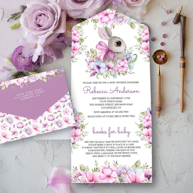 Cute Pink Purple Floral Bunny Baby Shower All In One Invitation (Creator Uploaded)