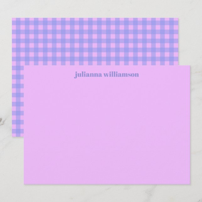 Cute Pink Purple Gingham Personalized Stationery Card (Front/Back)