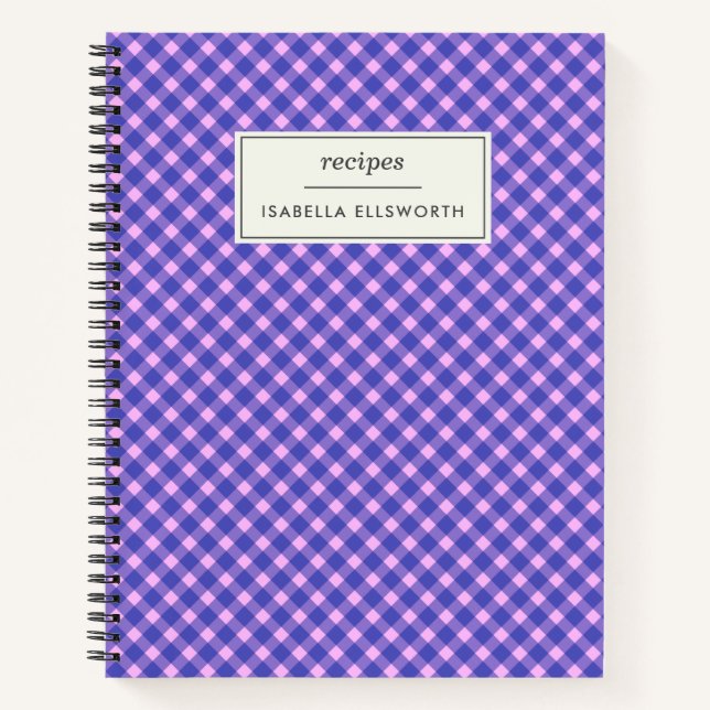 Cute Pink Purple Gingham Plaid Personalized Recipe Notebook (Front)
