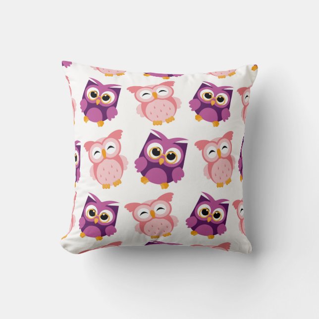 Cute Pink Purple Girly Owl Pattern Throw Pillow (Front)