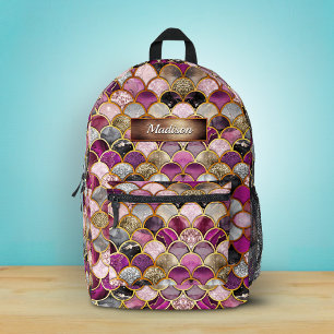Cute pink purple gold mermaid scales printed backpack