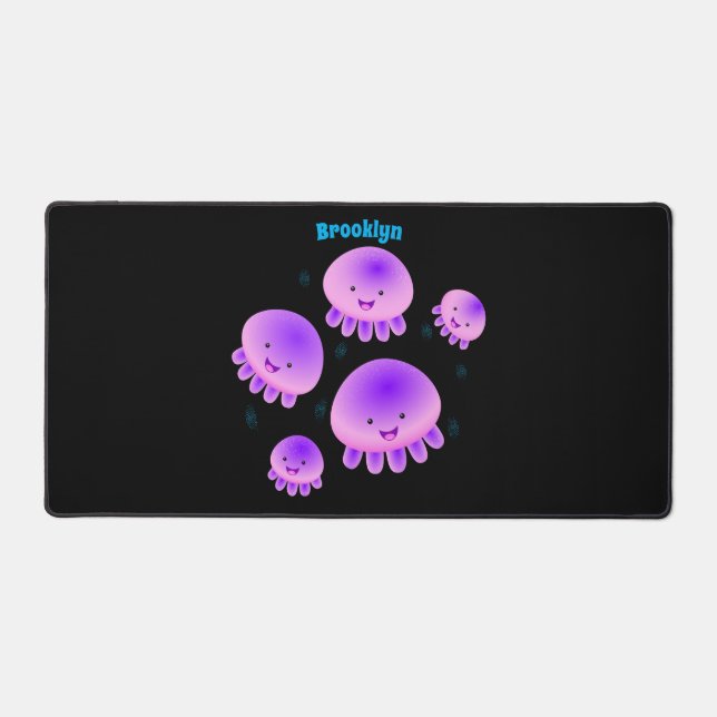 Cute pink purple jellyfish kawaii cartoon desk mat (Front)
